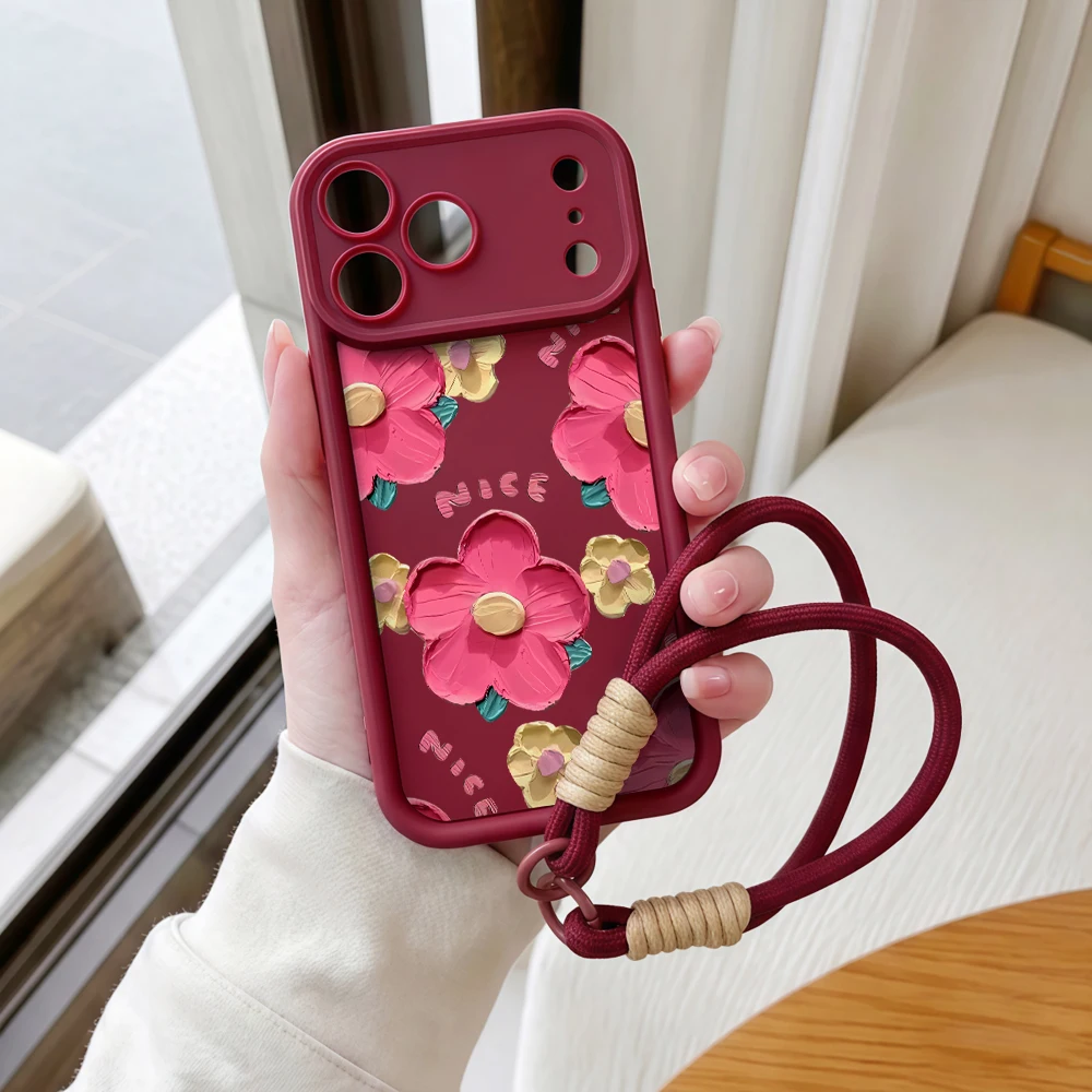 Ölgemälde Blumen Lanyard Handyhülle für iPhone 13 14 15 16 17 Pro Max 16 15 14 Pro Plus 17E Stoßfeste Matte Silikonhülle – Detail 7