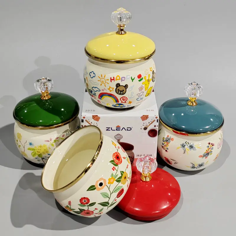 

Vintage Elegant With Lid Multi-purpose Enamel Storage Healthy Material Seasoning Jar Oil Salt Sauce Vinegar Tea Sugar