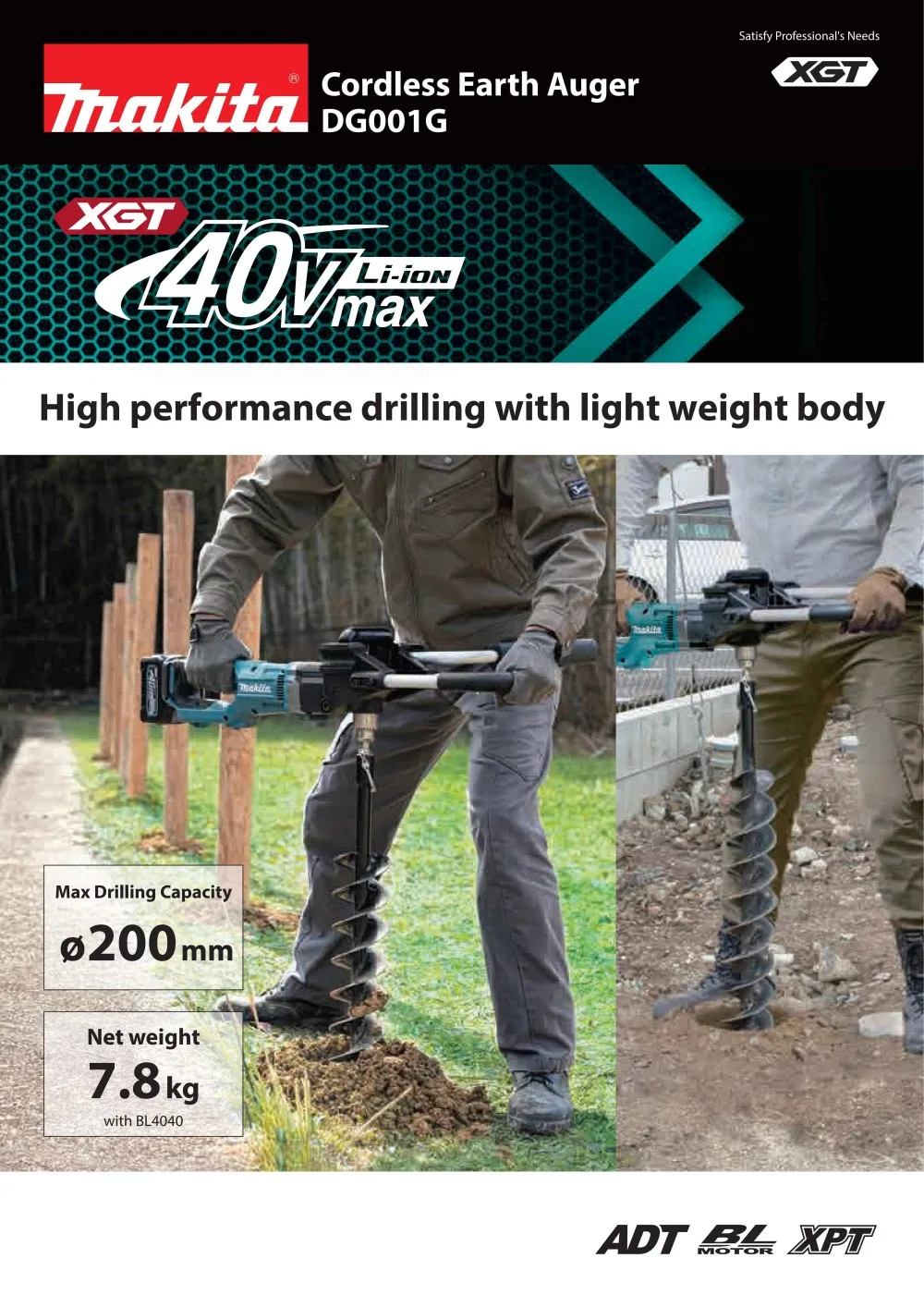 Makita DG001GZ10 XGT Brushless Cordless Earth Auger Drill 40V Lithium Power Tools