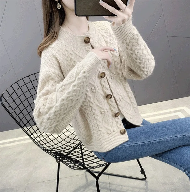 New Solid Color Twist Knitted Cardigan Women\'s Spring Autumn Short Ladies Sweater Coat Korean Elegant Long Sleeve Tops