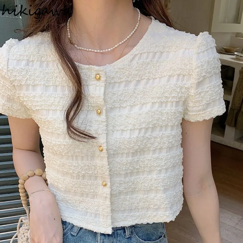 Vintage Women Shirts O-neck Puff Sleeve Tunic Blouses 2023 Blusas Mujer De Moda Temperament Tops Fashion Korean Folds Blouse