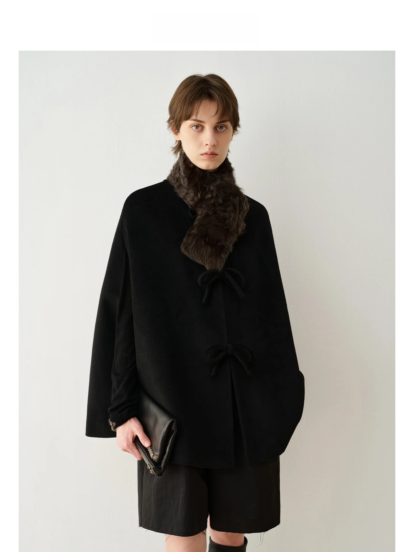

Mincollection Woolen ort Coat with Bow Tie oulder Wrap Autumn Winter Hepburn Sle Women's Faion Outerwear Coat