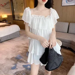 Sweet Summer New Off Shoulder Chiffon Slip Dress Solid Pleated Loose All-match Fashion Mini Dress Korean Sexy Women Clothing