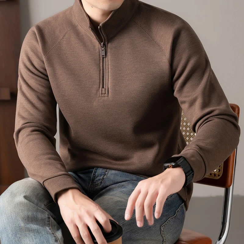 Old Money Style ​Men's Stand Collar Zip-Up Sweatshirt - Camel (Smoke Blue/ Brown/Gray)Long-sleeved Fleece Hoodie