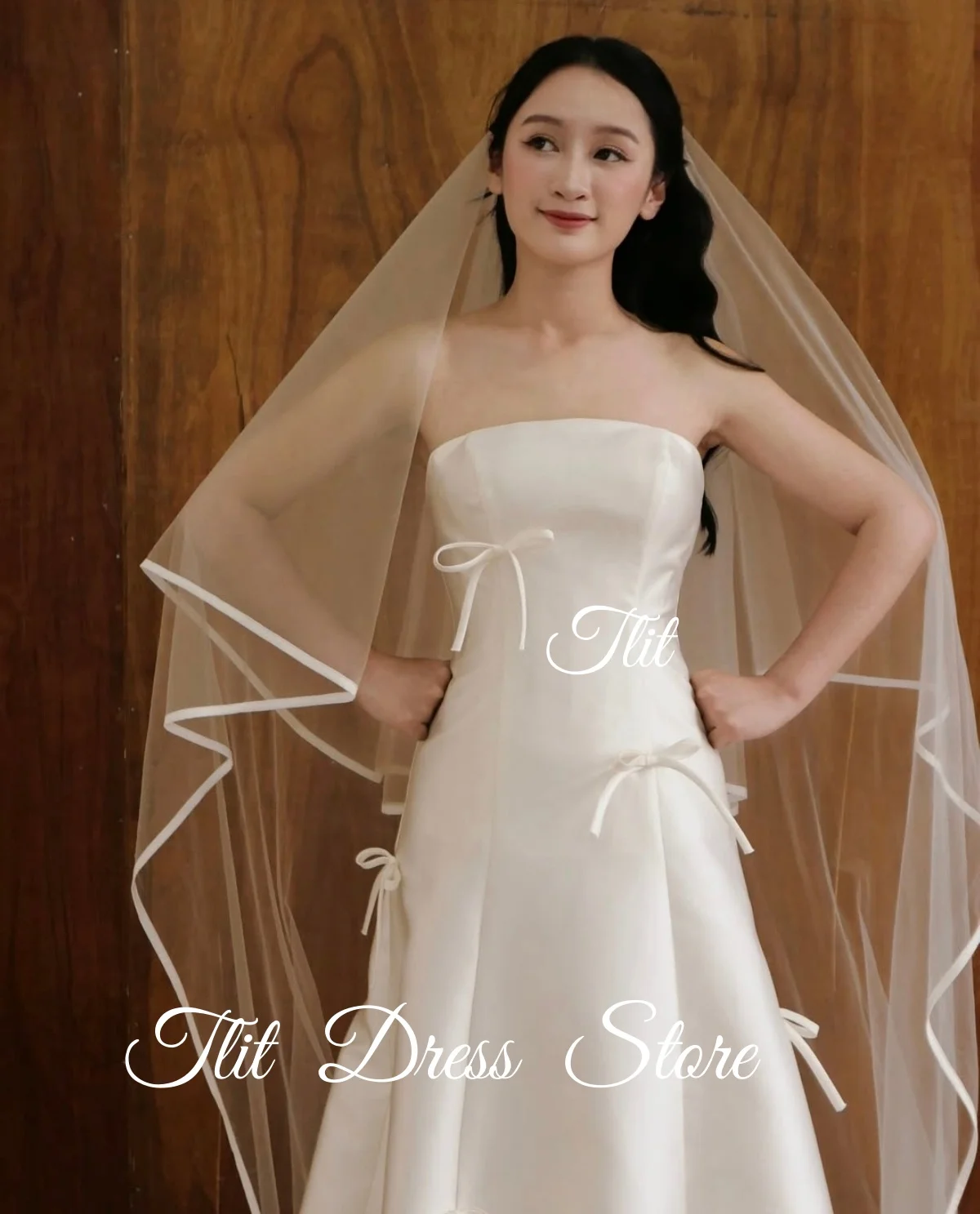 TLIT Einfaches Brautkleid in A-Linie aus elfenbeinfarbenem Seidensatin, maßgeschneidertes trägerloses Brautkleid mit Schleifen, Korea-Hochzeitskleider, Fotoshooting