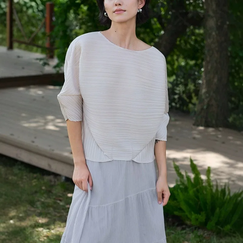 Pleated T-Shirt Summer New Simple Casual Fashion Mid-Sleeve Korean Style Loose Lightweight Stretch Women's Top Clothing