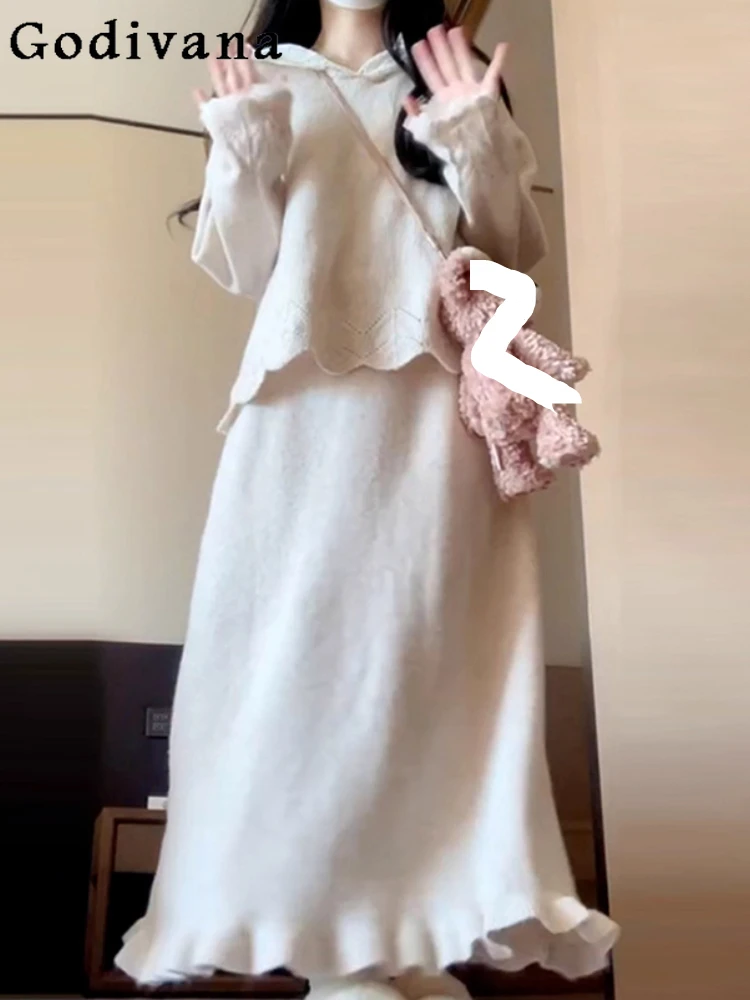 

Women Autumn Winter Korean Gentle Knitted Leisure Long-sleeved Top High Waist A-line Versatile Age-reducing Fashion Skirt Sets