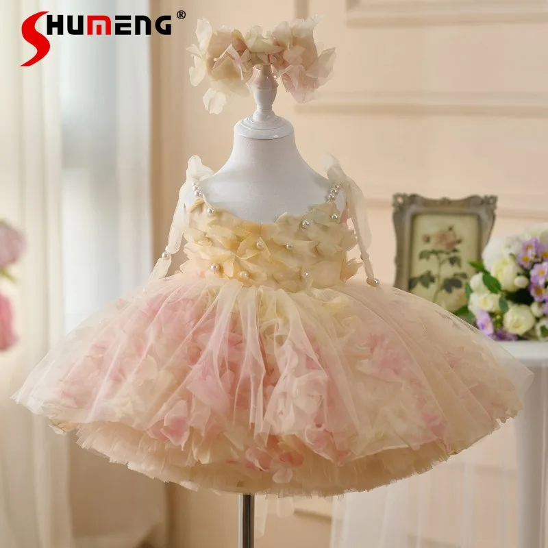 

Элегантное градиентное розовое платье принцессы для девочек с 3D цветочными аппликациями и жемчугом, бальное платье на бретельках для детской фотосессии на день рождения