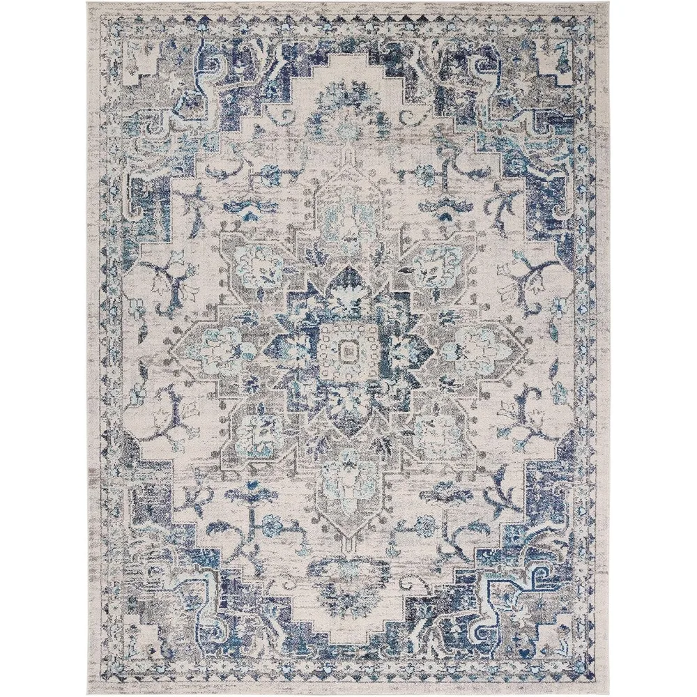 Large Area Rug - 12' x 15', Ivory & Grey, Boho Chic Medallion Distressed Design,Ideal for High Traffic Areas in Living Room