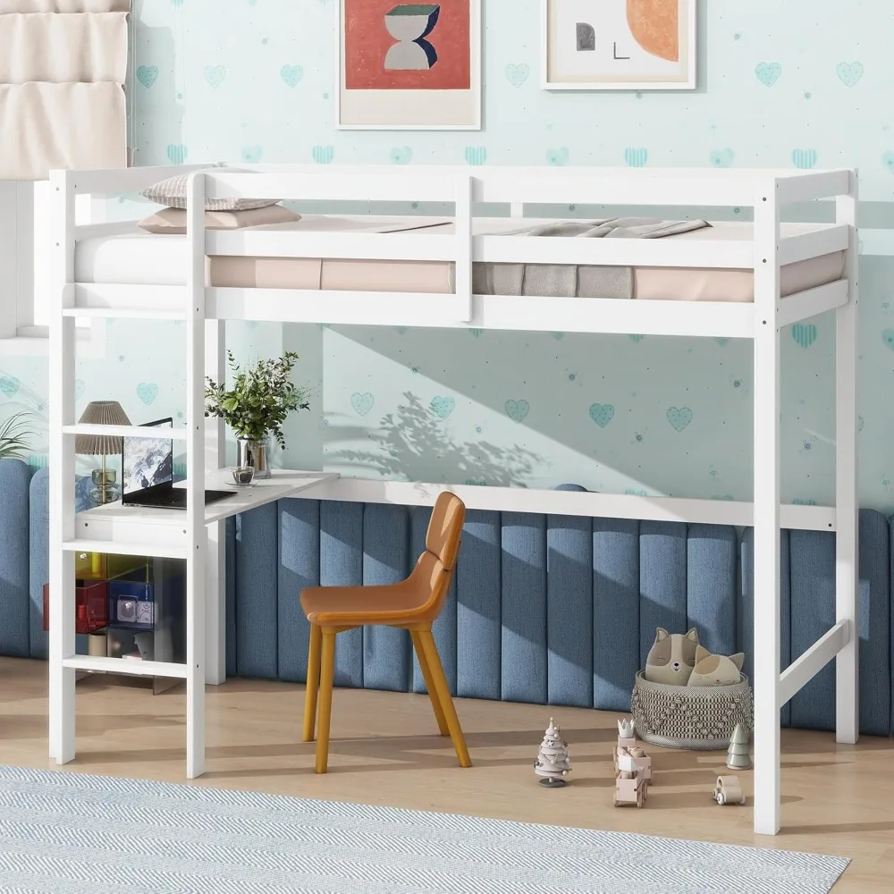 

Twin High Loft Bed, Twin Size Wood Loft Bed Frame with Built-in Desk and Ladder, Rubber Bed with Safety Guardrail, Space-Saving