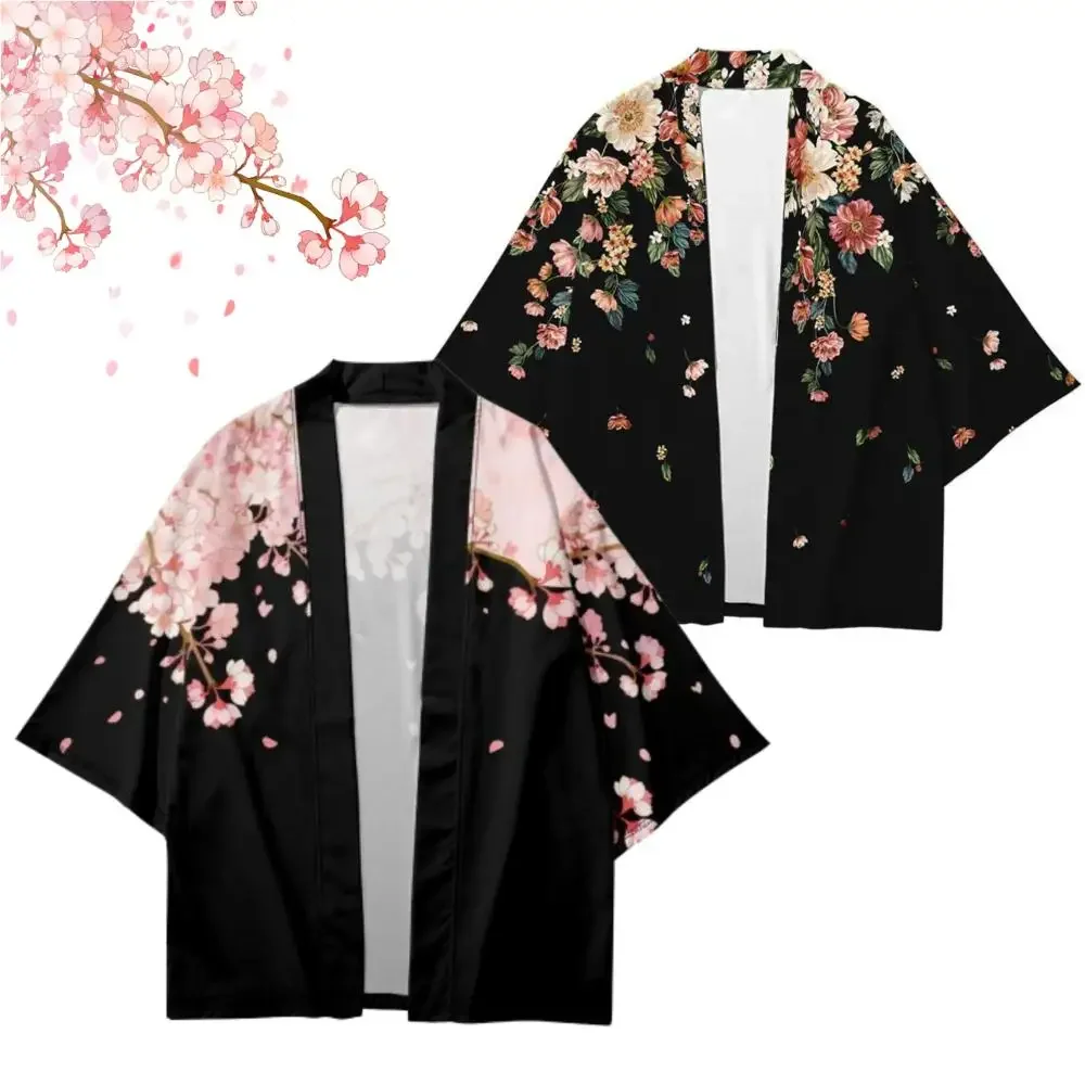 Asian Traditional Clothes Pink Floral Printed Japanese Kimono Men Women Loose 7 Sleeve Harajuku Haori Fashion Beach Cardigan