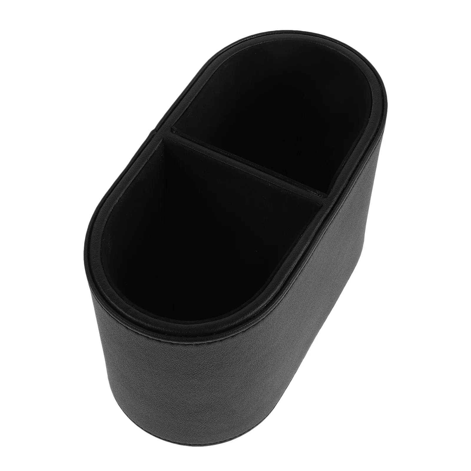 Black PU Pen Holder Desktop Organizer 2 Compartments Makeup Brush Holder Remote Control Storage Office Classroom