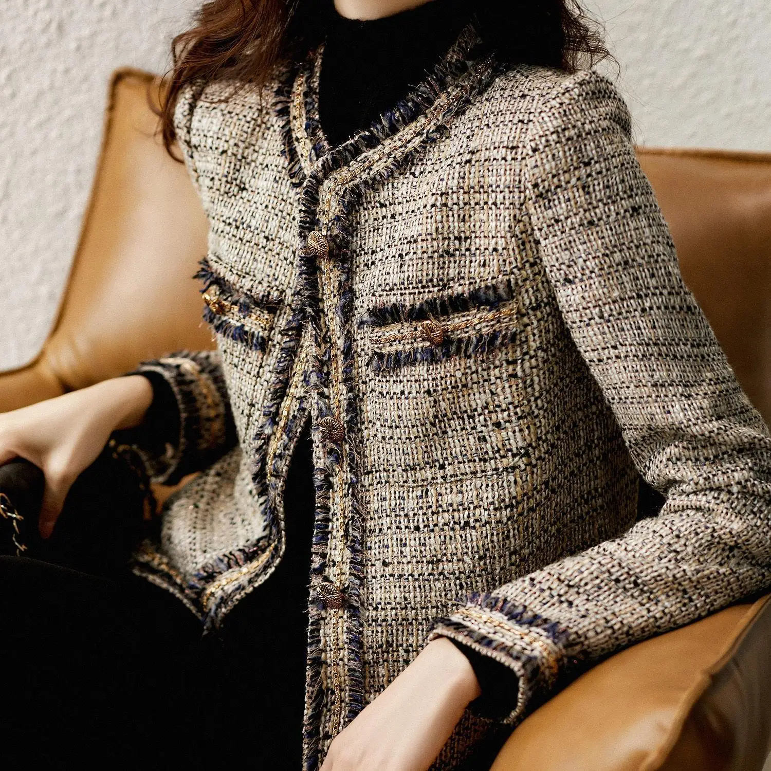 Autumn New Craft Colorful Yarn Retro Fragrant Coarse Woolen Coat Round Neck Fashionable Fringed Jakets