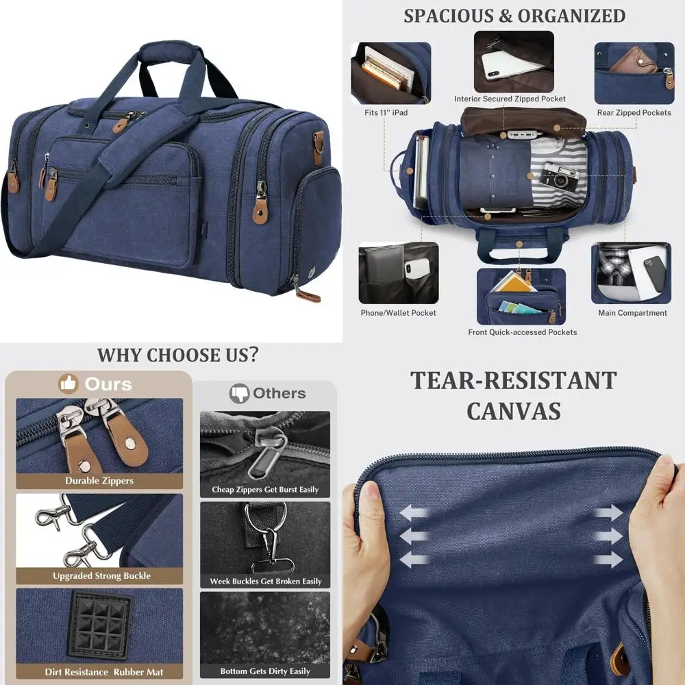 حقيبة سفر من القماش الخشن بسعة كبيرة سعة 60 لترًا مع جيب للأحذية - مثالية لرحلات عطلة نهاية الأسبوع وضحاها باللون الأزرق