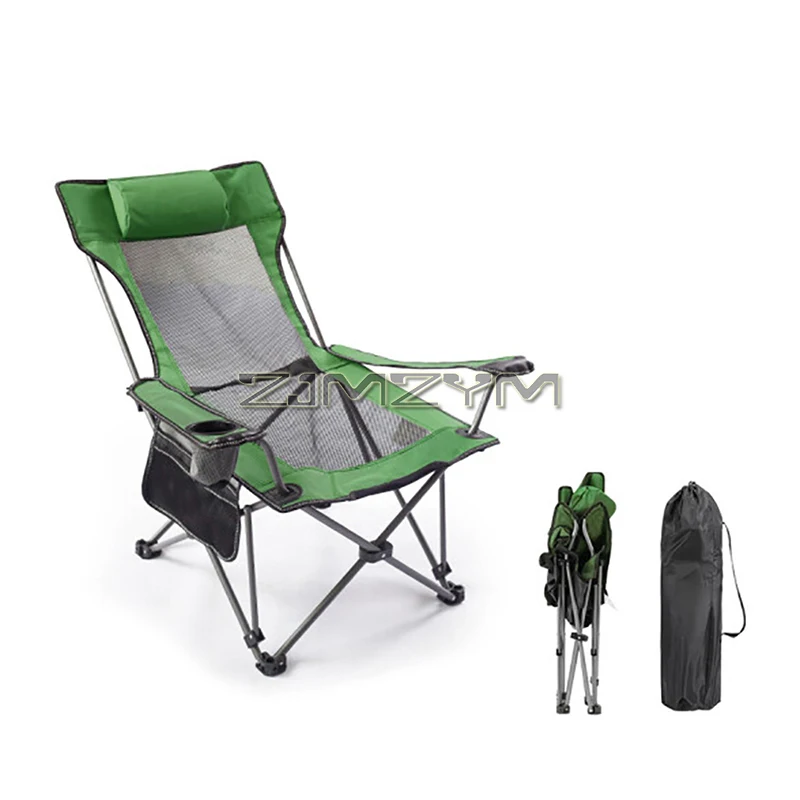 Folding Outdoor Beach Camp Chair with Head Support, Adjustable Back, Armrests, Storage Bag, Cup Holder, Carry Bag for Outside