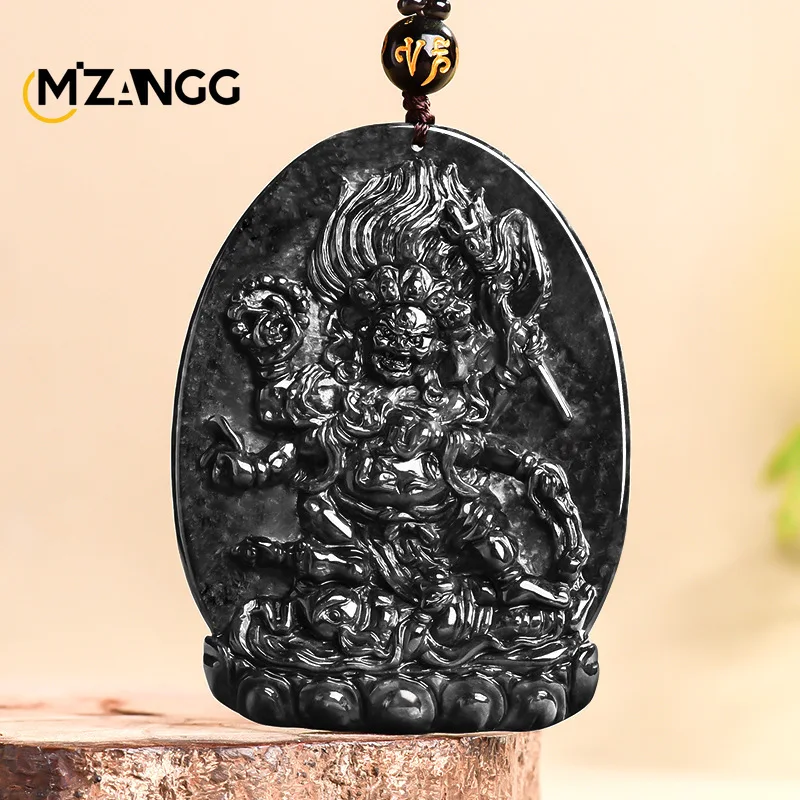 

Genuine Natural Ink Jadeite Six-armed Big Black Sky Guardian God Pendant Exquisite Fashion Men and Women's Jewellery Necklace