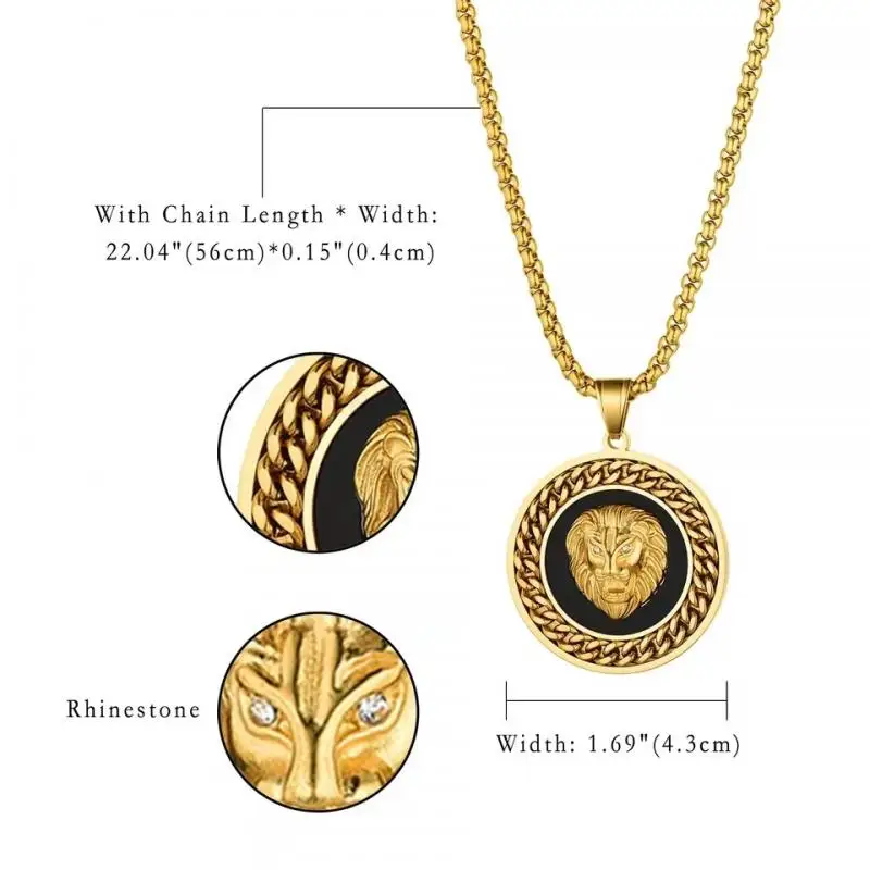 Hip Hop Gold Farbe 3D Runde Lion Head Anhänger Kette Medaille Halskette Männer Frauen Rock Rapper Schmuck Geschenke