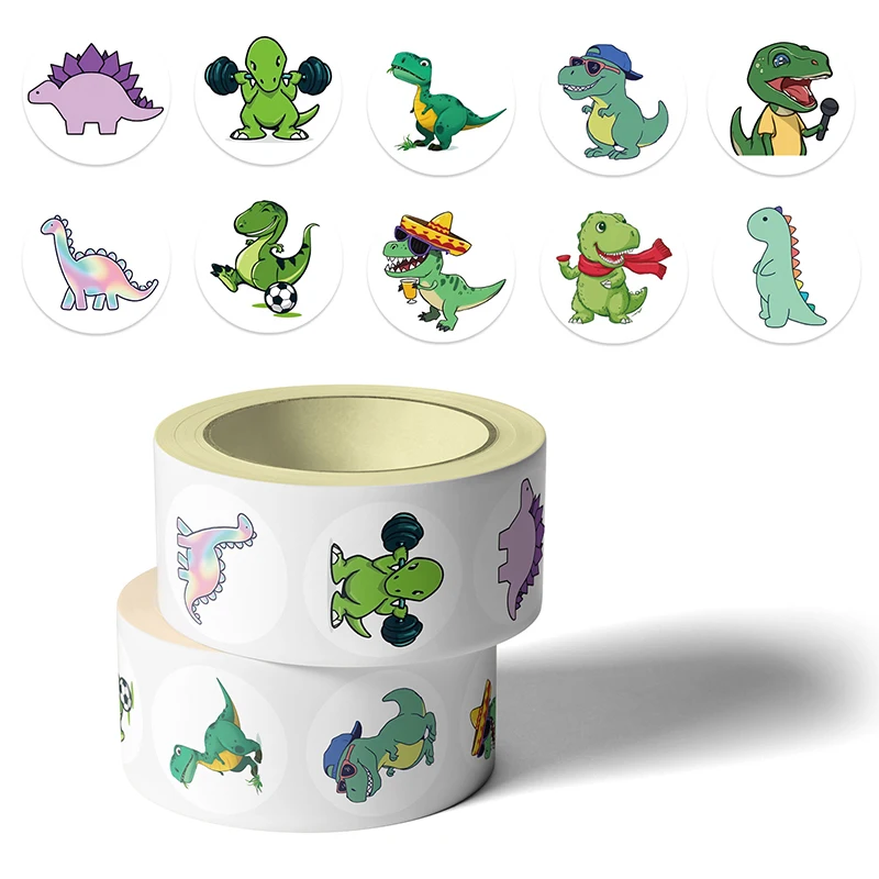 

Наклейки с динозаврами в рулонах, 500 шт., круглые водонепроницаемые виниловые наклейки с милыми животными для офиса, школы, эстетические принадлежности, увеличения