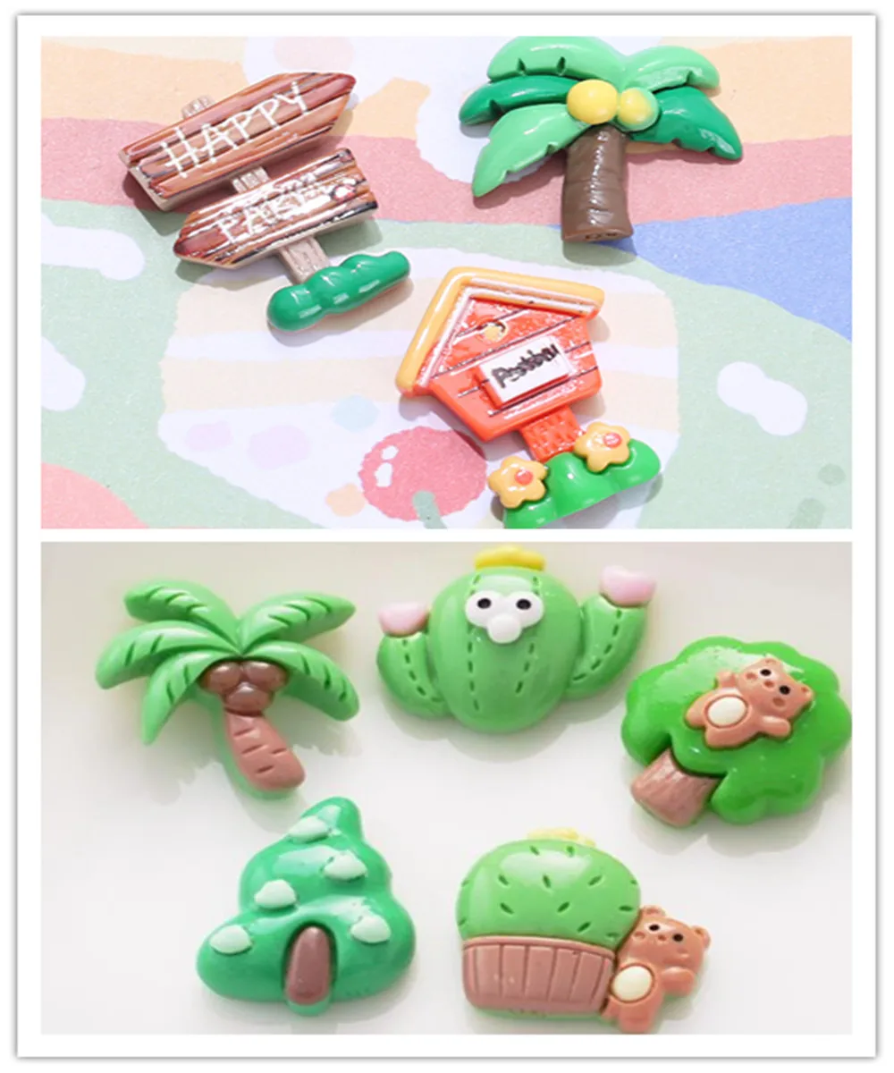 

100pcs Kawaii Flatback Resin Cartoon Coconut Tree Mailbox Road Sign Cactus Scrapbooking Embellishments DIY Accessories