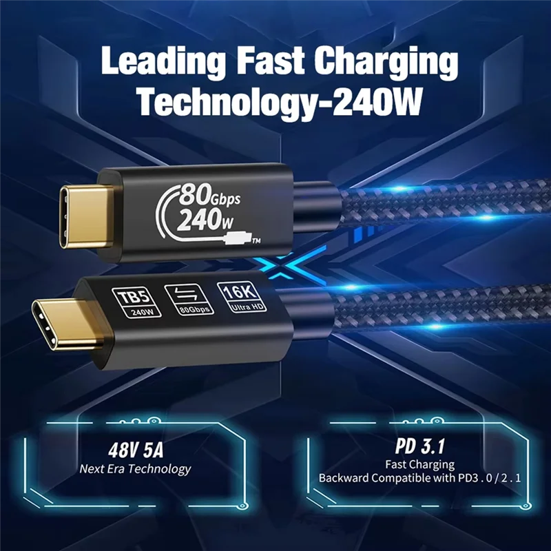 B03B-1M Thunderbolt 5 Coaxial Cable 240W 16K Fast Charging Cable Super Speed Data Storage For USB C Monitor