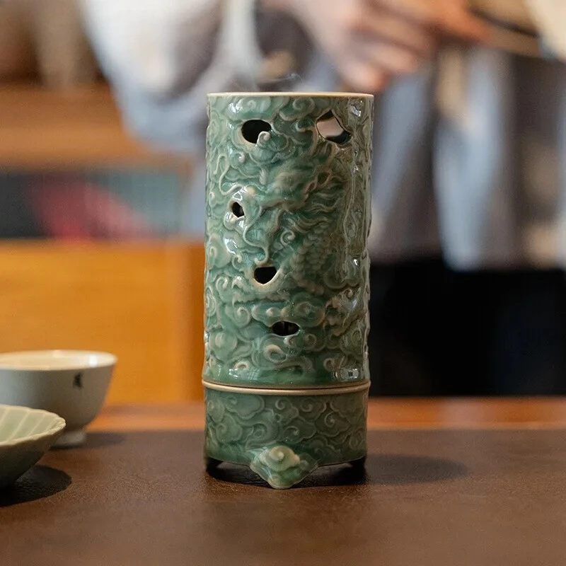 Yue Kiln Celadon Incense Burner Three Legged Dragon Treading Cloud Agarwood Vertical Line Aromatherapy Furnace Home Decoration