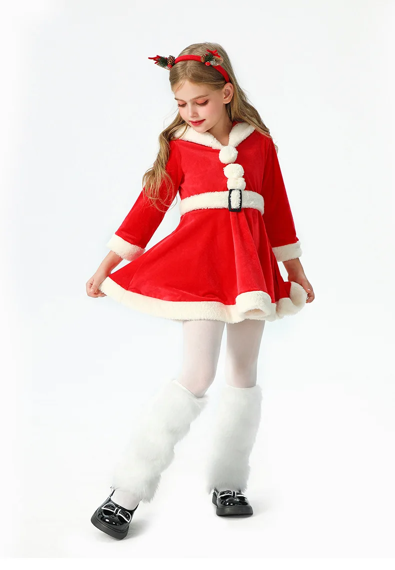Weiches Samtkleid für Kinder mit Weihnachtsmann-Motiv, Kapuze, Weihnachtskostüm, Weihnachtsfeier, Bühnenauftritt, Show, Cosplay, Rock, Outfit – Detail 15