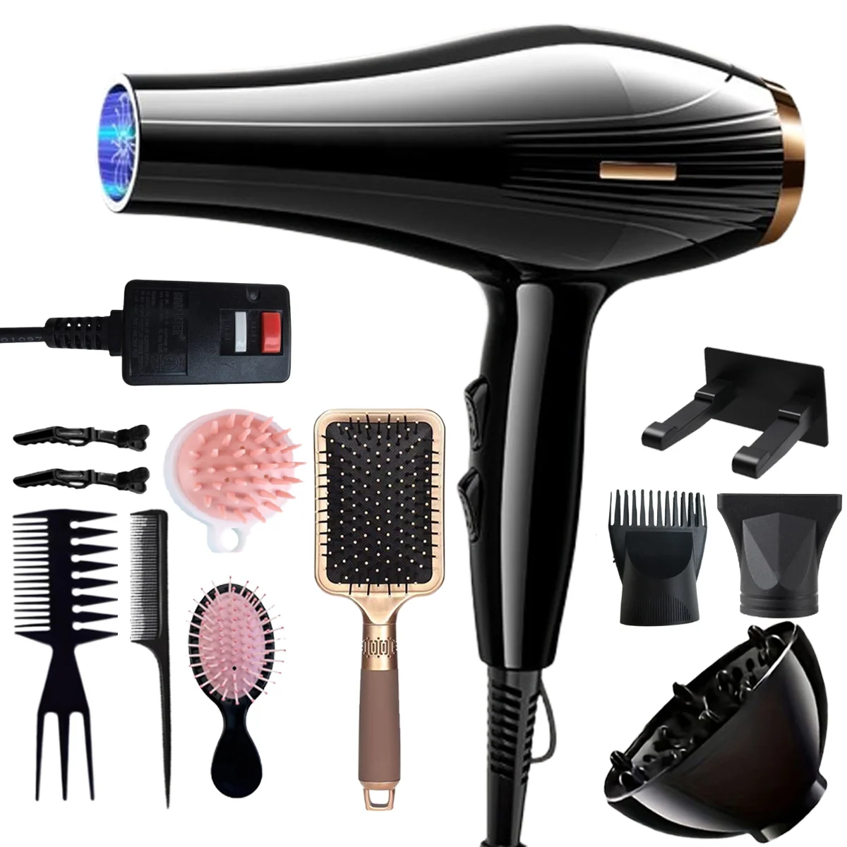 

12pcs-in-1 multiple accessory hair dryer. With accessories such as combs, hair clips, hair patches, air cushion combs, etc.