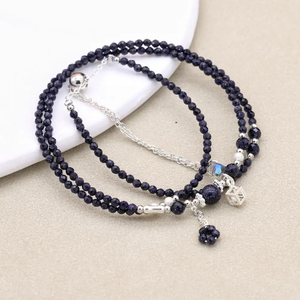 Bracelets Necklace Dual-purpose 2MM Three Layer Blue Sandstone Beads Bohemian Beaded Charm Bracelet Handmade Women Jewelry