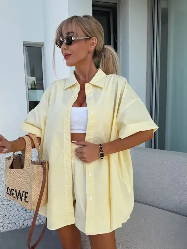 Cross border European and American summer lazy style vacation loose shirt and shorts set