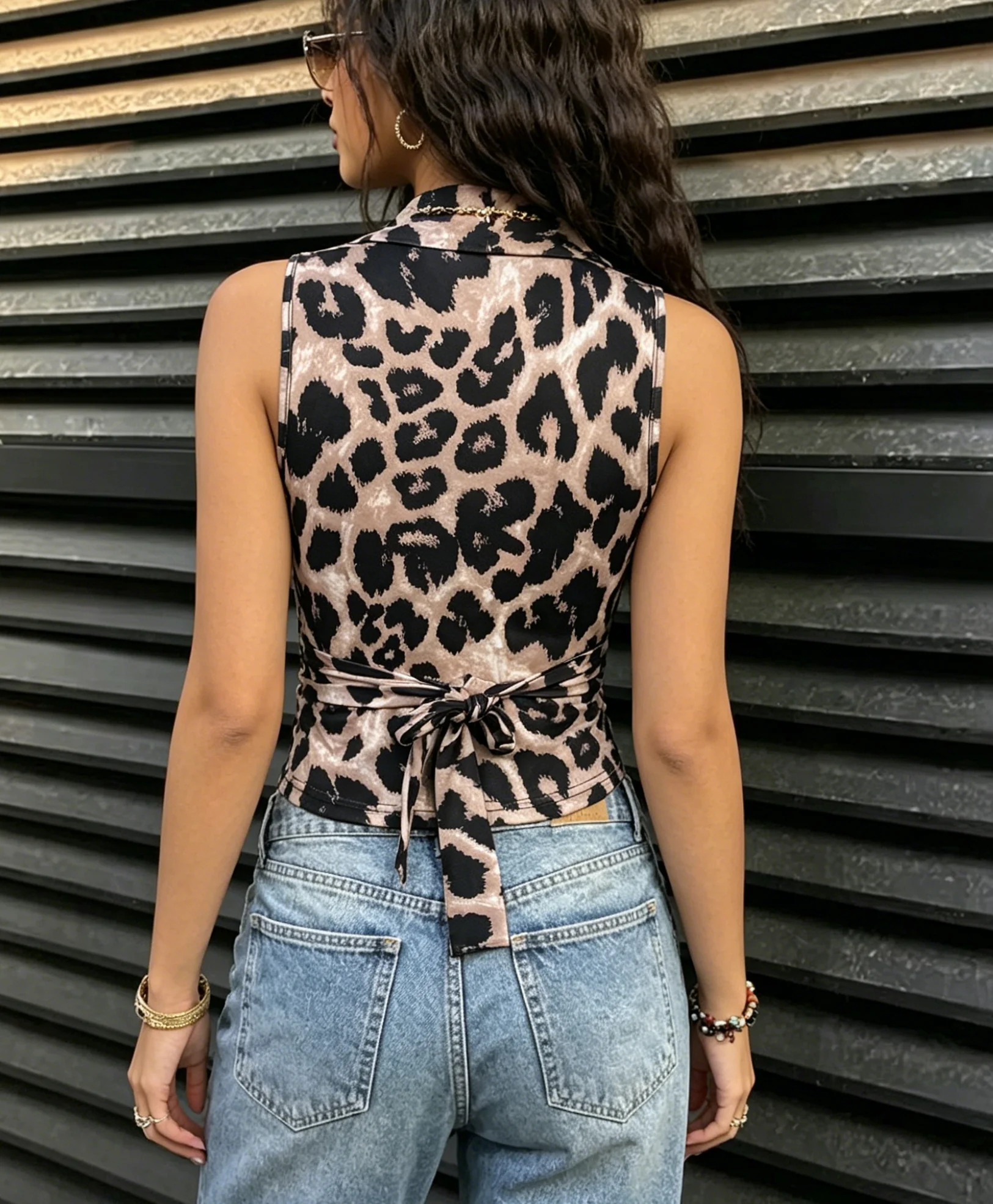 Damen Freizeit-Tanktop mit Leopardenmuster, V-Ausschnitt, ärmellos, Wickeloptik, Twist-Tie, figurbetontes Crop-Top, schickes Sommer-Streetwear-Tanktop – Detail 2