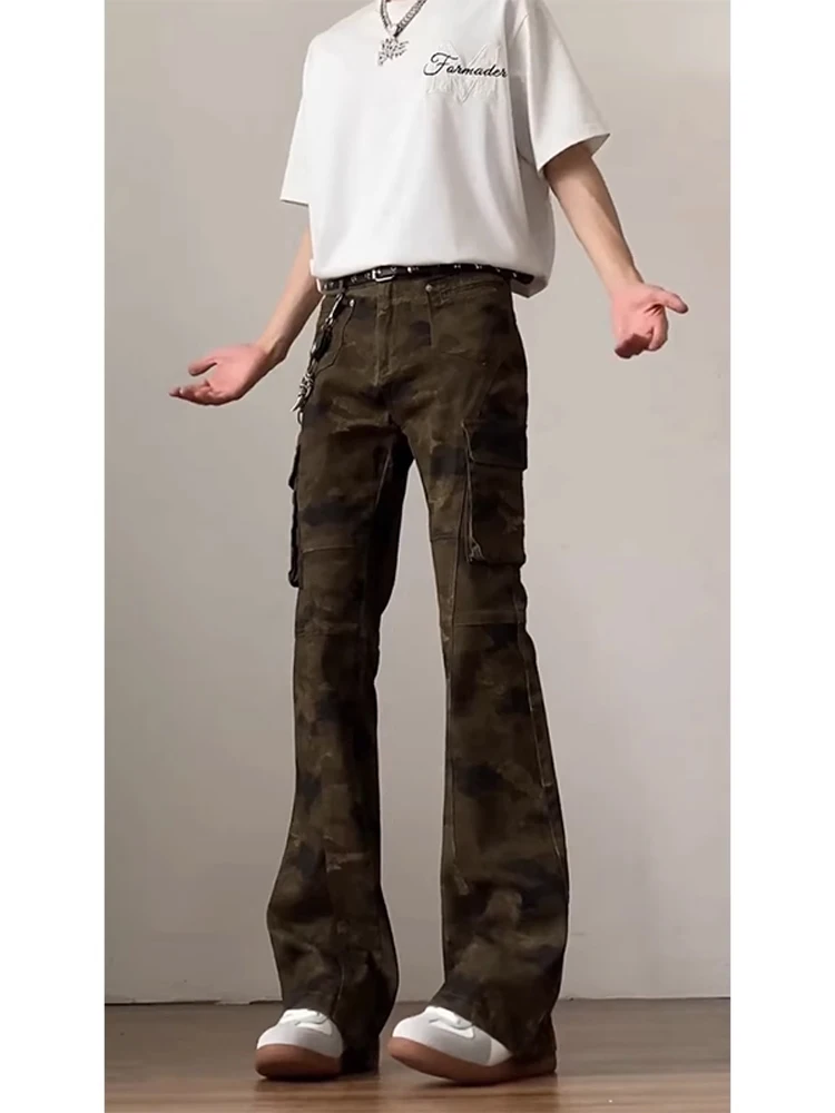 

American High Street Retro Camouflage Work Pants Men Outdoor New Sle Slim Fit Micro Flare Jeans Casual Loose mid Waist