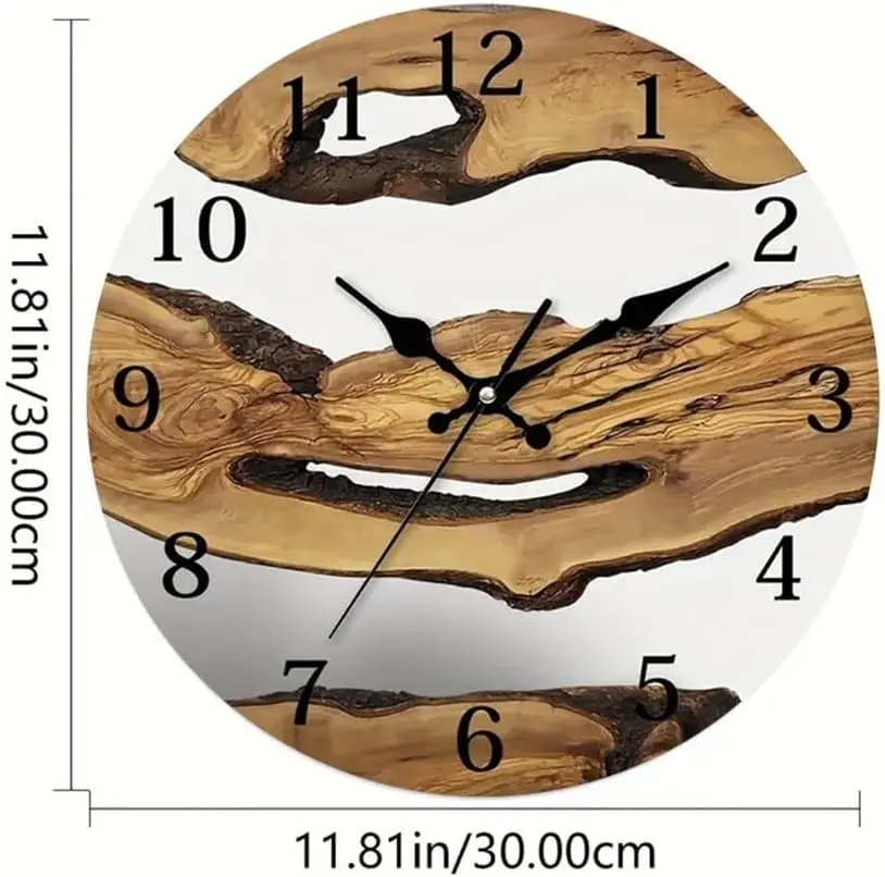 12 inches Country Style Clock Tempered Glass Wall Clock Office Wood Grain Design Artistic Blend Battery-powered DIY Decoration