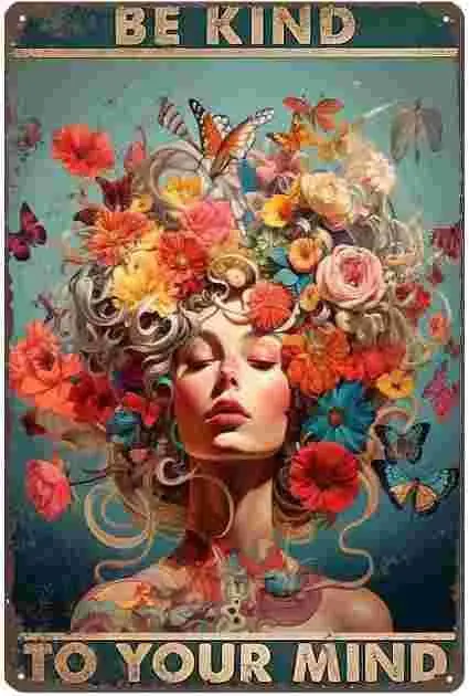Y1,Boho Posters Mental Wall Art-Aesthetic For Women-Be Kind To Your Mind-Work Desk Accessories Women Metal Retro Art Decor