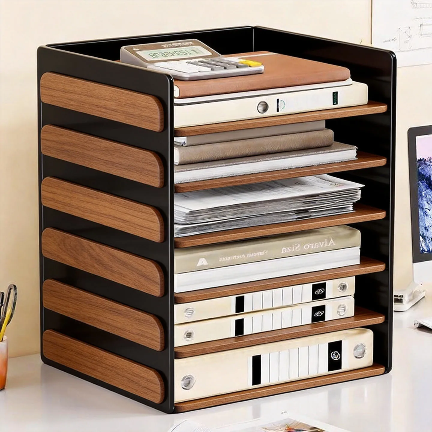 Vertical Acrylic and Wood Desk File Rack, A4 Document Organizer Shelf with 4 and 5 Tiers for Office Study Room Desktop Storage