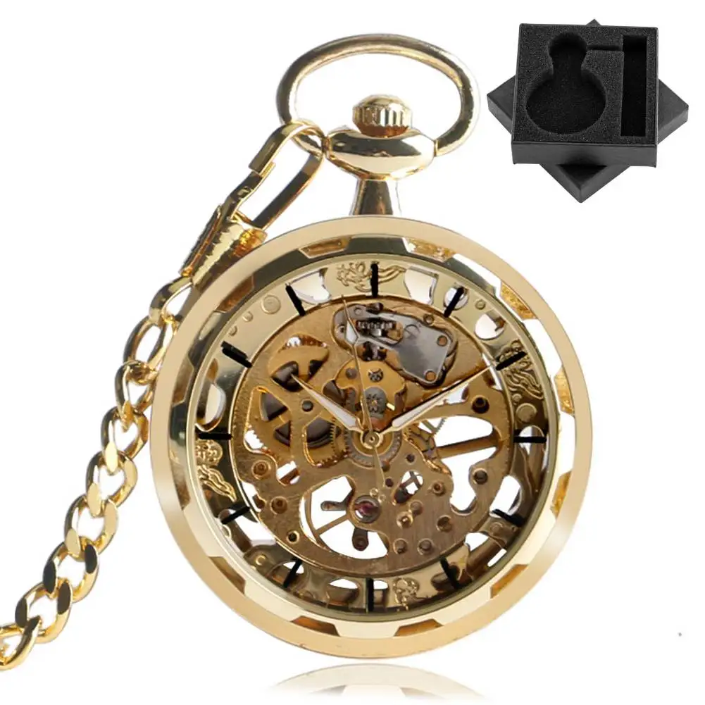 Golden Hollow Mechanical Hand Winding Pocket Watch Steampunk Vintage Fob Chain Pendant Manual Mechanical Timepiece Gift for Men