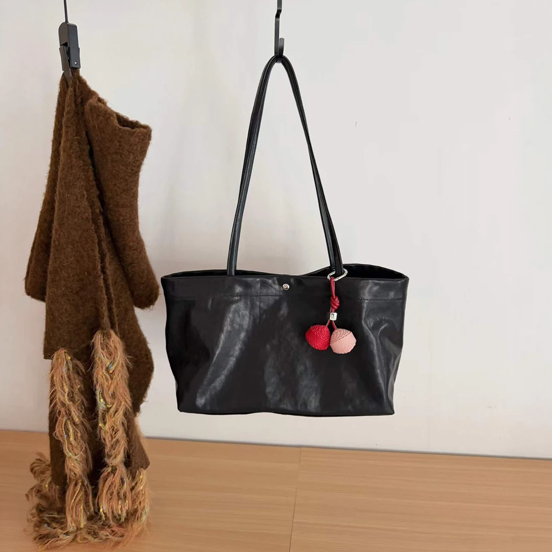 endy Genuine Leather Handbag Women Oil-waxed Finish Open Top French Vintage Daily Commute Original Vegetable Cow Leather Soft