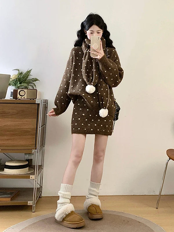 

Large Size Women's Fashion Set with Polka Dot Sweater Scarf And Short Skirt Three Piece Ensemble Early Spring Trendy Outfit
