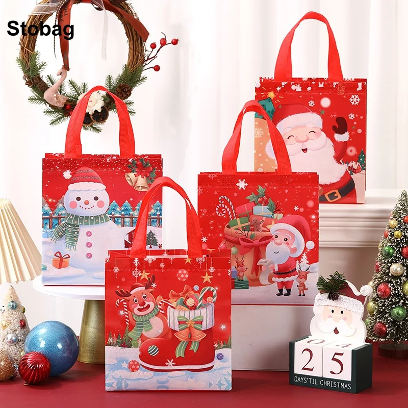 

StoBag 8/20pcs Merry Christmas Non-woven Bags Tote Fabric Candy Gift Package Kids Waterproof Storage Reusable Pouch Party Favors