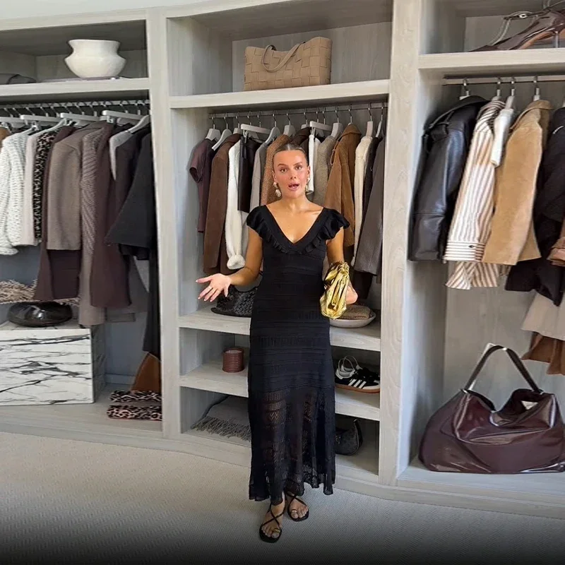 Women's Elegant Knitted Long Dress V-neck Ruffles See Through Elastic High Waist Vestidos 2025 New Summer Commuter Chic Clothing