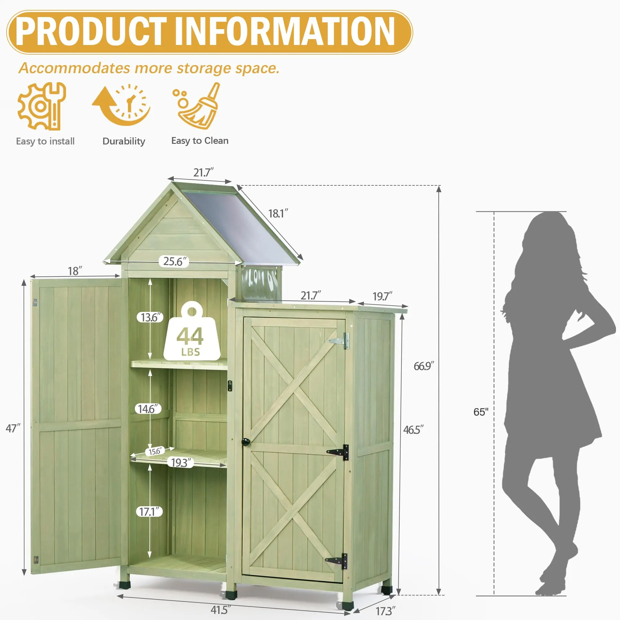 Outdoor Storage Cabinet - Waterproof Metal Roof & Wooden Veal Design, Tall Garden Tool Shed with Multiple Shelves for