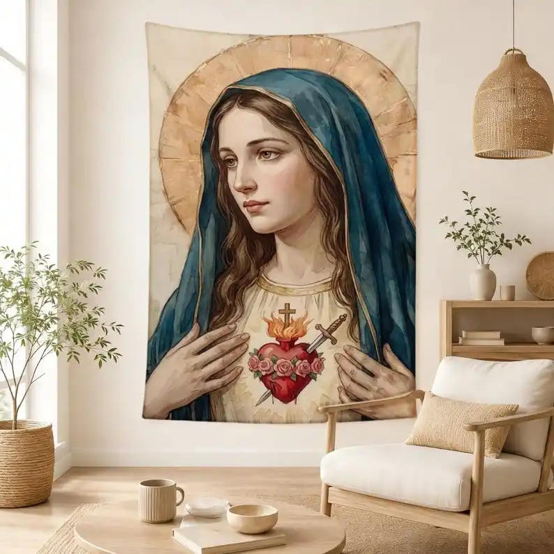 The Virgin Mary, Sacred Heart Tapestry, Catholic Religious Portrait Wall Hanging, Sacred Heart Wall Decoration, Theme of Faith