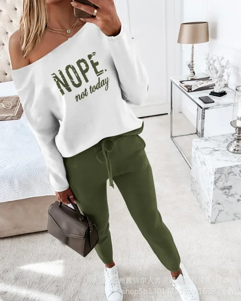 Two Piece Sets Women Round Neck Solid Casual Full Sleeve Tops Splice Straight Long Pants Set Lace Up Waist Autumn Winter