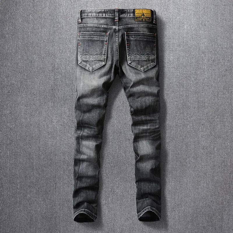 Fashion Designer Men Jeans Retro Black Gray Elastic Slim Ripped Jeans Men Trendy Trousers Embroidery Vintage Denim Pants Hombre