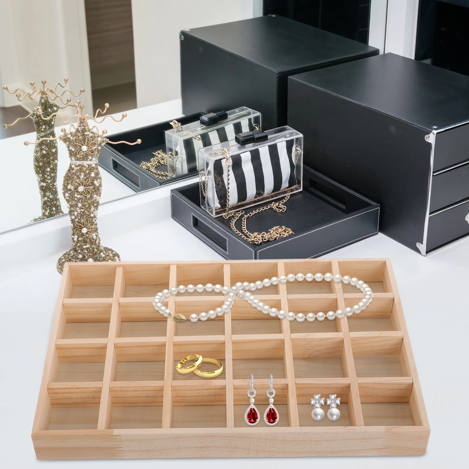 

Wood Jewelry Organizer Tray with 24 Dividers Solid Wood Storage Box for Earrings Rings Necklaces Bracelets Beads Home Dresser