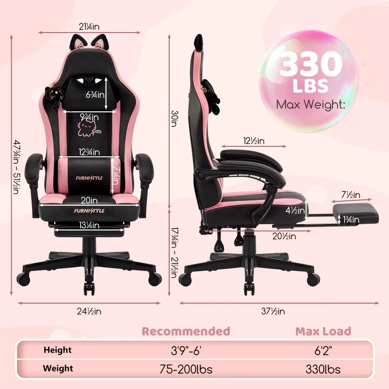 Gaming Chair with Footrest, Comfy Girly Video Game Chairs with Cat Ears Pocket Spring Cushion Massage Lumbar Support &