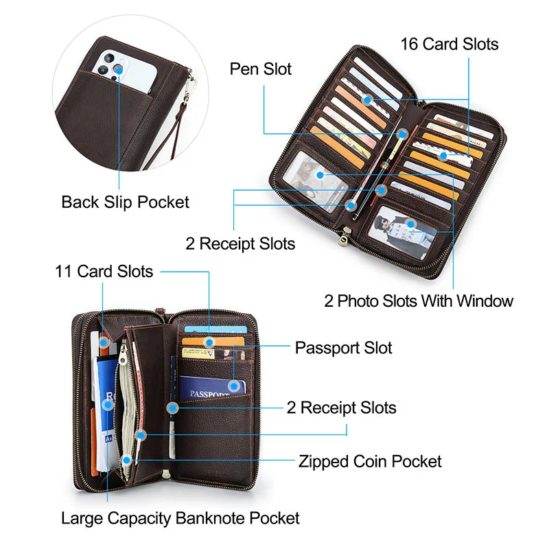CONTACT'S Genuine Leather Clutch Bag Men Photo Card Holder Pen Slot Phone Pocket Handbag Male Vocation Travel Gift Long Wallet