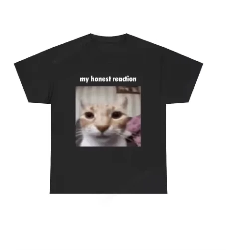 T-shirt surdimensionné en mélange de coton avec imprimé chat « Funny My Honest Reaction », humoristique, décontracté, style streetwear, à manches courtes, unisexe, pour hommes et femmes