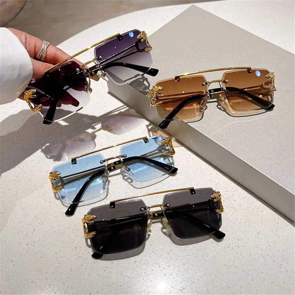 Trendy Double Bridge Rimless Sunglasses Metal UV400 Oversized Square Shades Gradient Eyewear for Women & Men