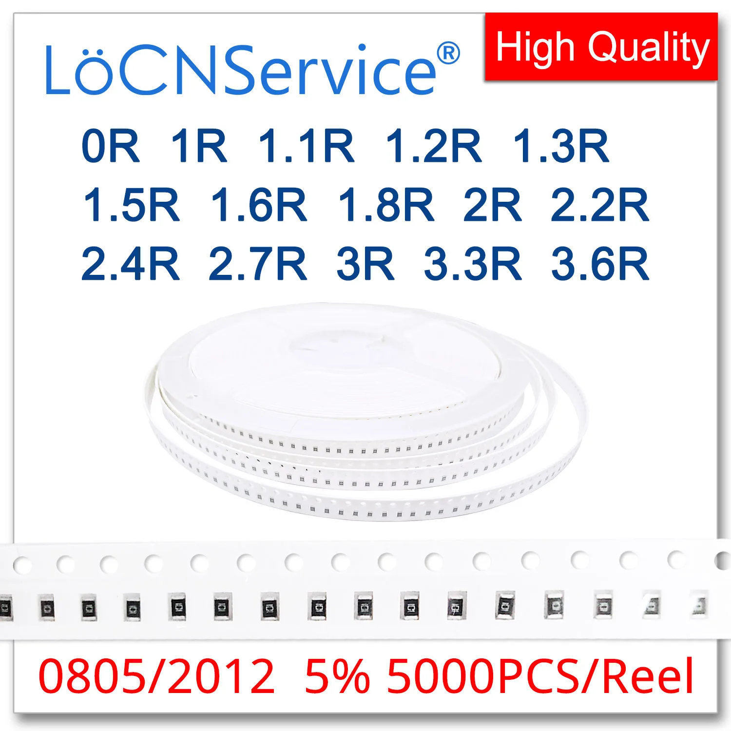 LoCNService 0805 J 5% 5000 قطعة 0R 1R 1.1R 1.2R 1.3R 1.5R 1.6R 1.8R 2R 2.2R 2.4R 2.7R 3R 3.3R 3.6R smd 2012 المقاوم أوم
