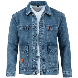 Trendy Denim Jacket Turn-down Collar Men Coat Long Sleeves Mid Length Spring Denim Coat Thermal